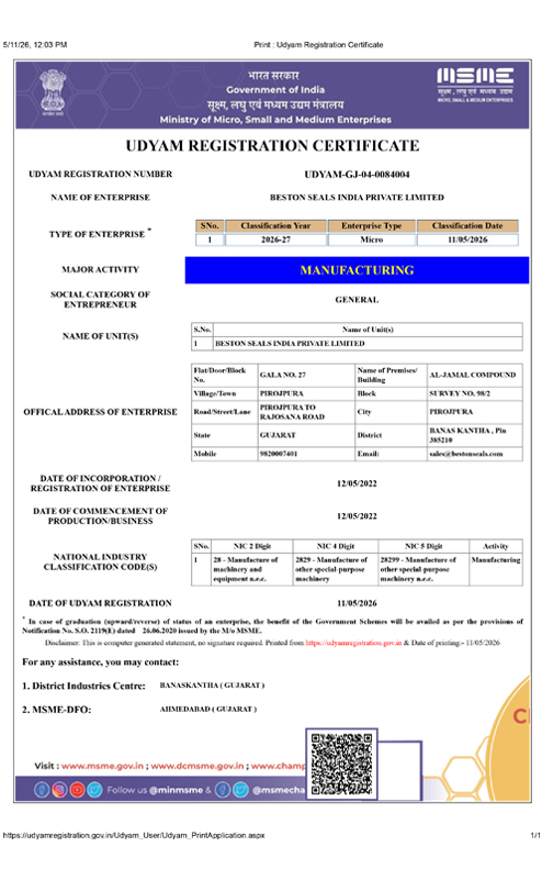 Beston Seals Certificate 3